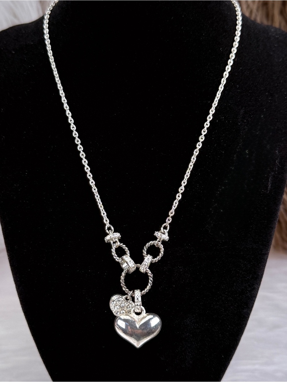 Silver Tone Puffy Heart Charm Necklace w Rhinestone Accent 20"